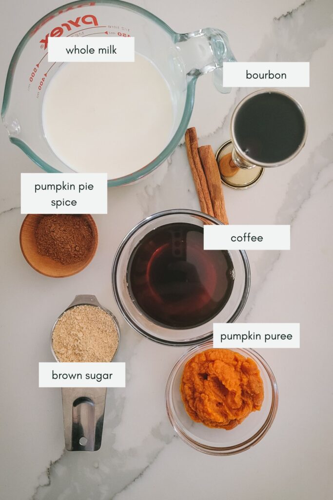 Ingredients in a pumpkin spice latte, including spices, milk, coffee and sugar.