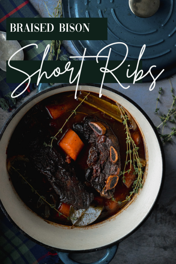 a photo of game meat bison short ribs with title text