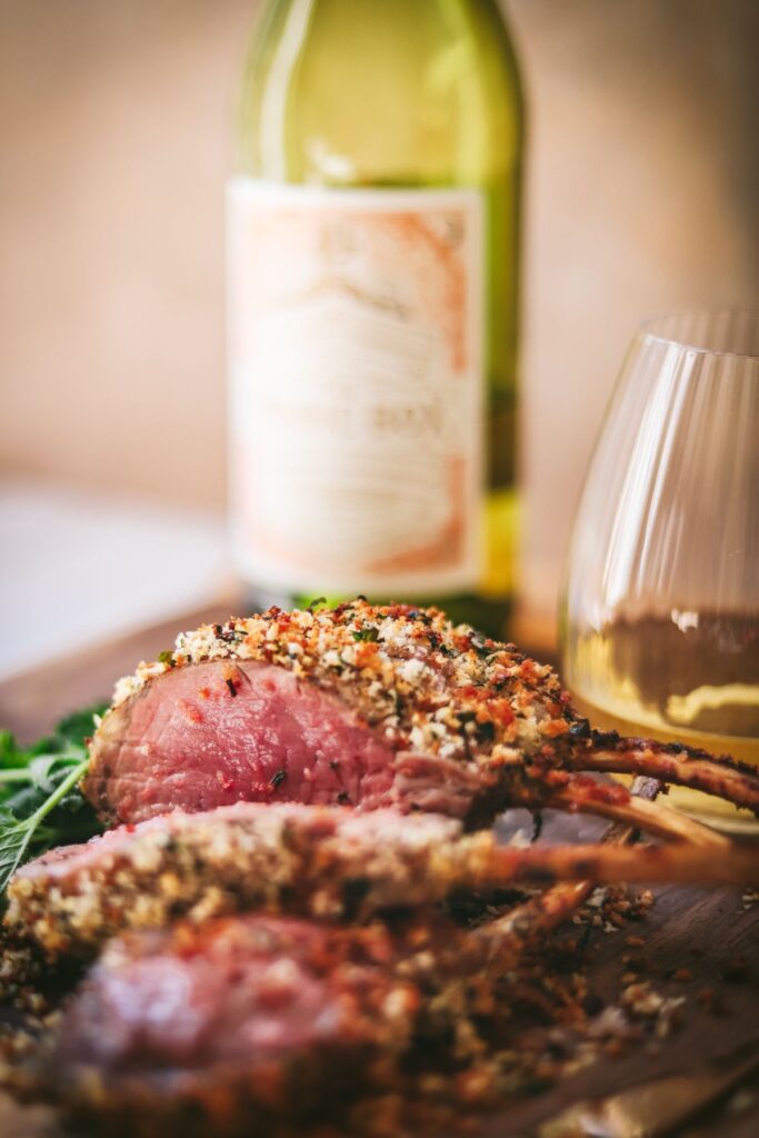 A rack of lamb with herbs, panko and wine. 