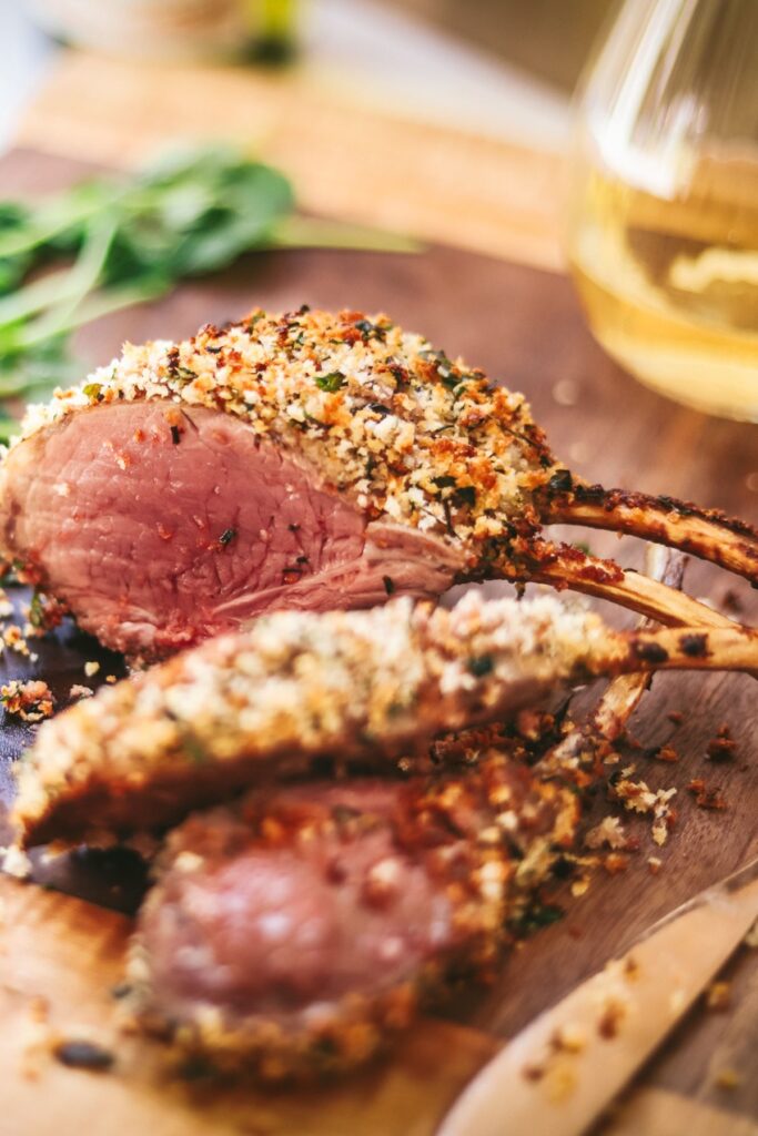 A rack of lamb with herbs and panko. 