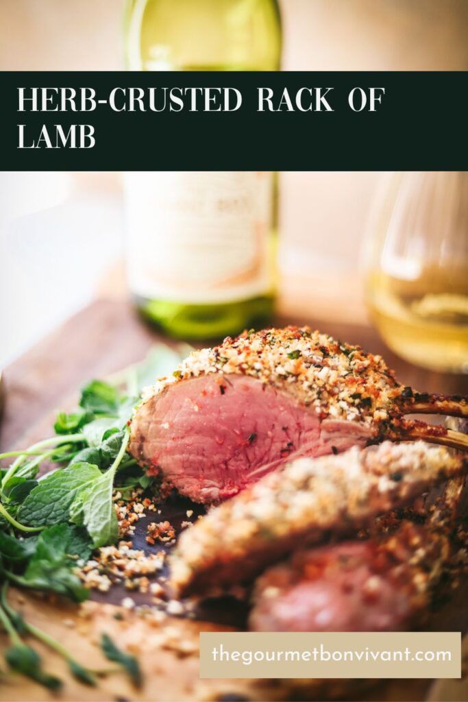 Herb crusted rack of lamb with title text.