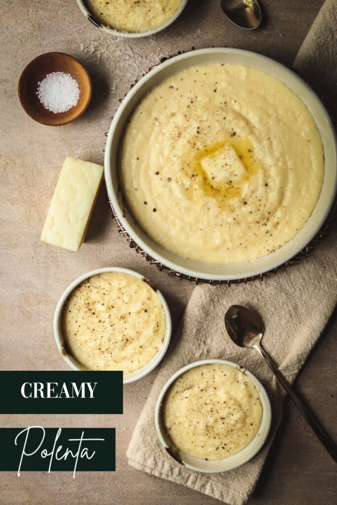 Creamy polenta with parmesan and title text.