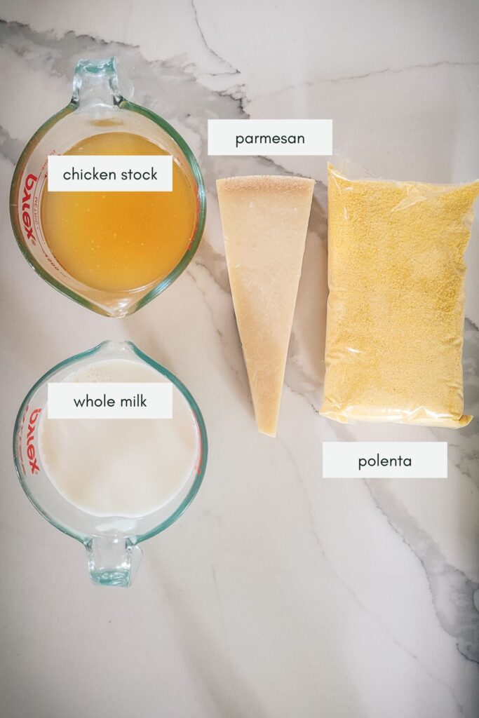 Ingredients for creamy polenta with labels.