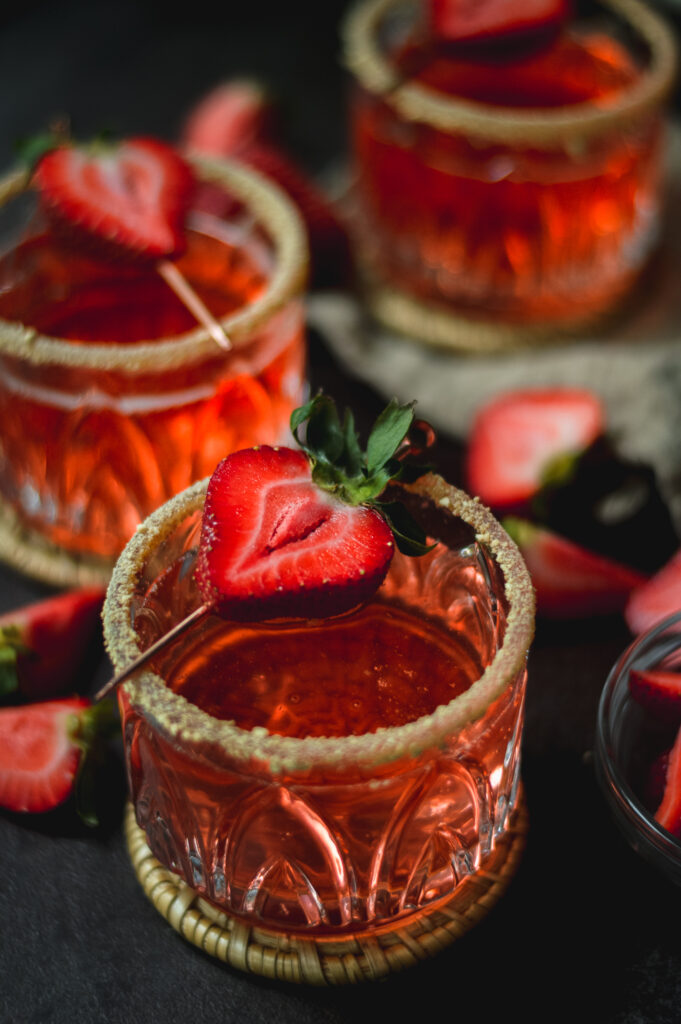 A photo of three strawberry shortcake cocktails.