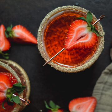 overhead picture of two strawberry shortcake cocktails