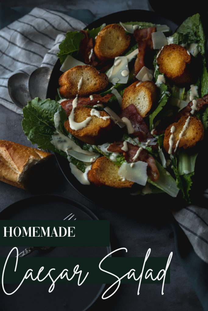 A photo of homemade caesar salad with dressing and title text