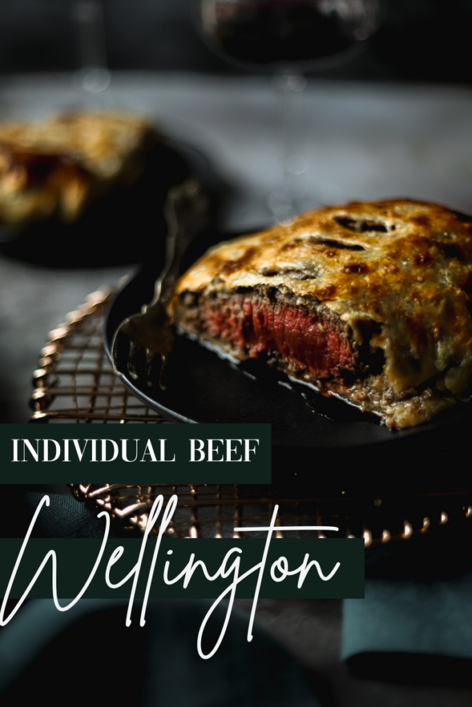 A photo of individual beef wellington with title text