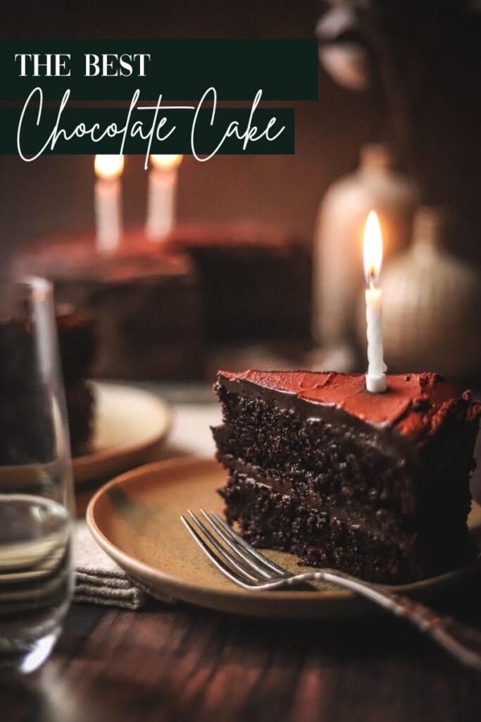A picture of the best moist chocolate cake with candles and a fork with title text