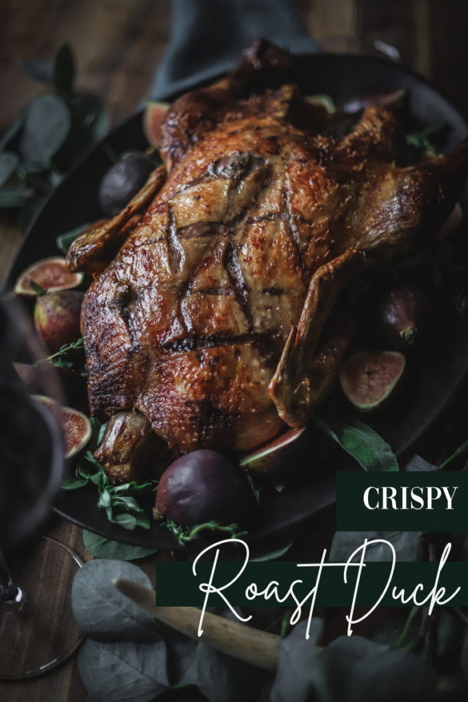 A photo of roasted duck with title text