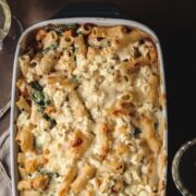A photo of baked bechamel pasta in a 9x13" pan