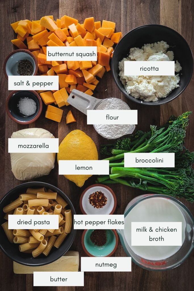 The ingredients for bechamel pasta with butternut squash and broccolini