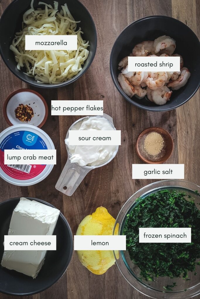 The ingredients for crab spinach dip.