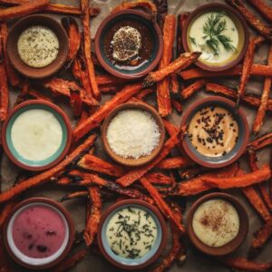 Nine different dipping sauces surrounded by sweet potato fries