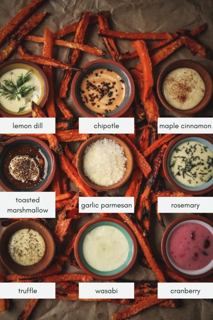 the dipping sauces labelled with their names