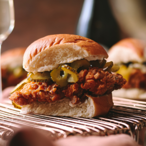A crispy buttermilk chicken sandwich surrounded by champagne