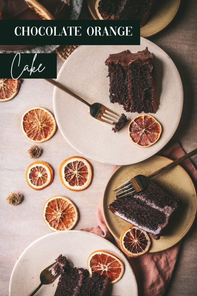 Slices of orange chocolate cake with dehydrated oranges and title text