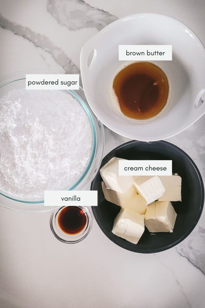 ingredients for the brown butter cream cheese frosting, labelled
