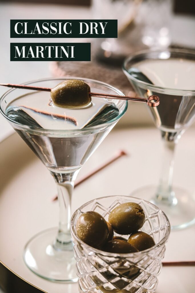 two martinis with olives and title text