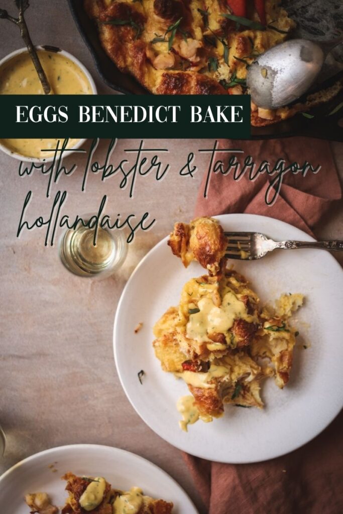 A photo of eggs benedict bake on a plate with a fork, with title text.