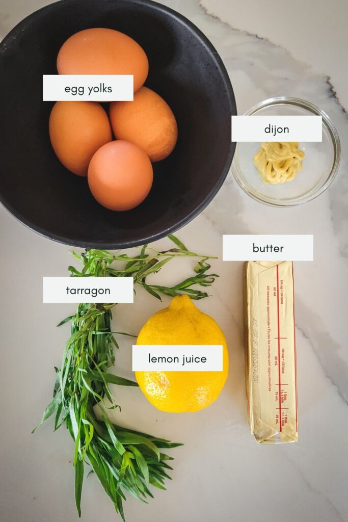 ingredients for tarragon hollandaise sauce, labelled