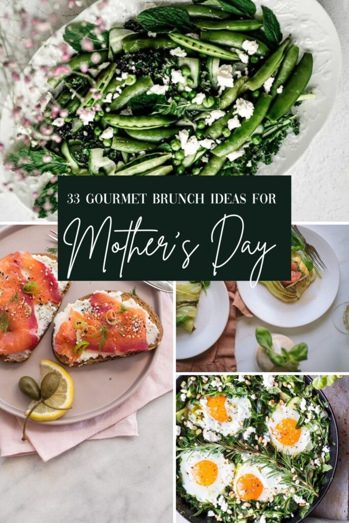 Photo collage of gourmet brunch ideas for mothers day with title text