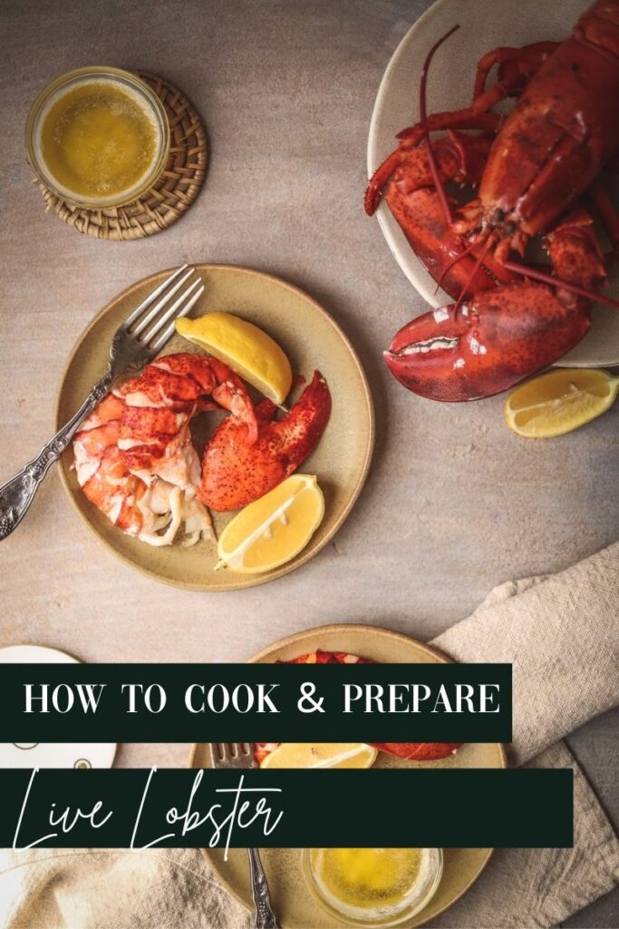 A photo of lobster meat with lemon and butter and title text