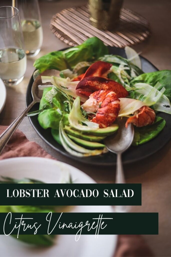 Lobster avocado salad with citrus vinaigrette, with title text