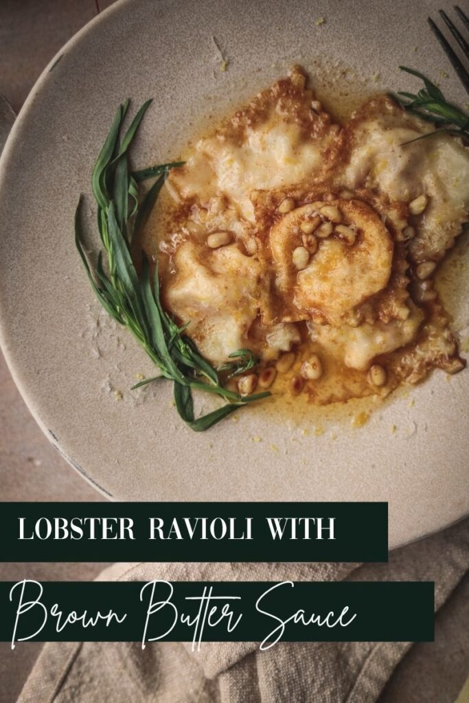 Lobster ravioli in brown butter sauce with title text