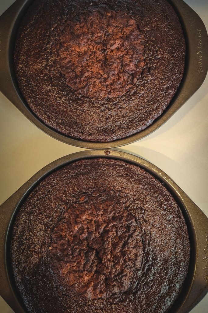 A shot of two cakes in 8 inch cake pans, baked.