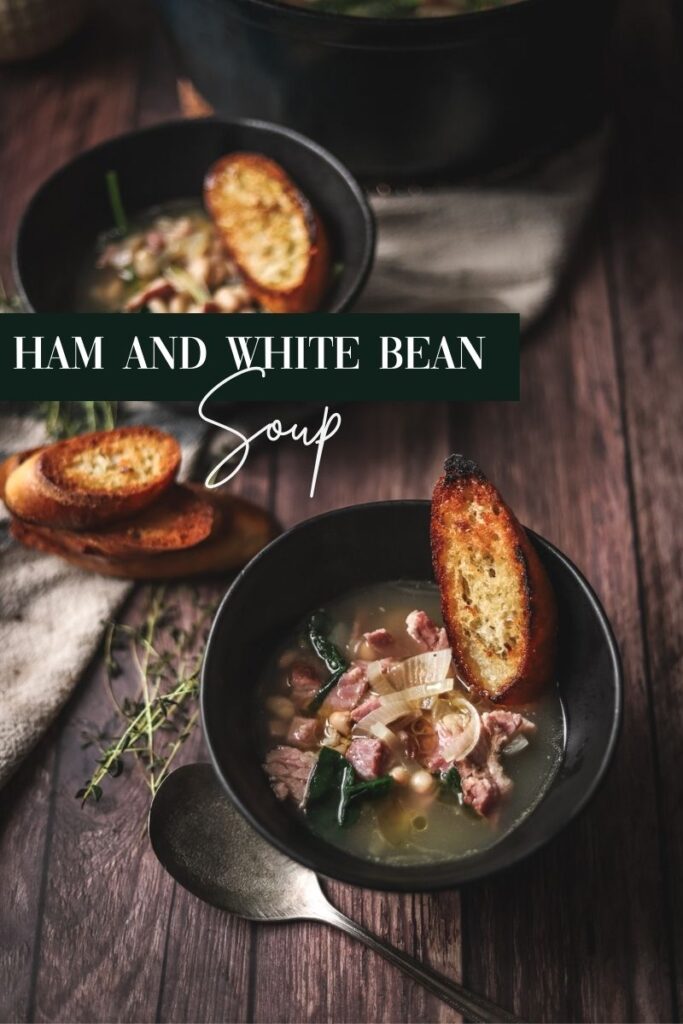 Serveral bowls of ham soup with crostini