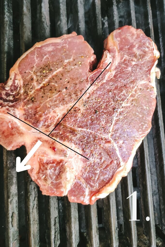 A photo of a t-bone steak on the grilled, describing how to get grill marks. 