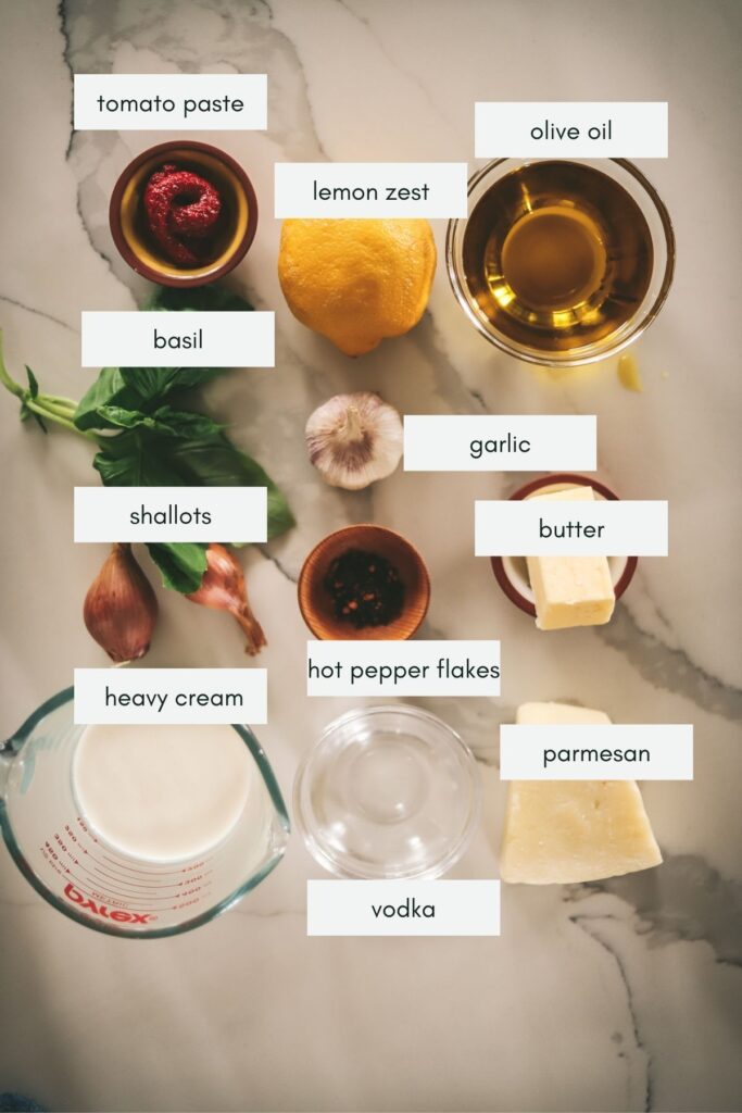 A photo of the ingredients for gigi hadid pasta, including text overlay
