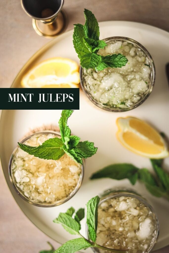 An overhead shot of mint juleps with title text.