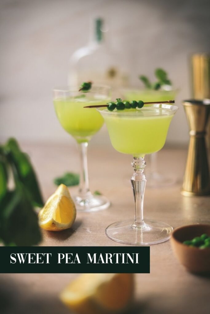 A photo of a sweet martini garnished with peas with title text.