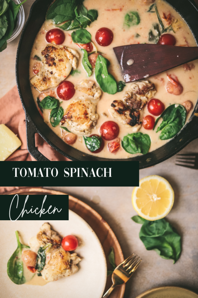 A photo of one-pot creamy tomatoes spinach and chicken.