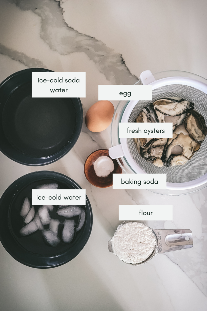 Ingredients for oysters with tempura style batter. 