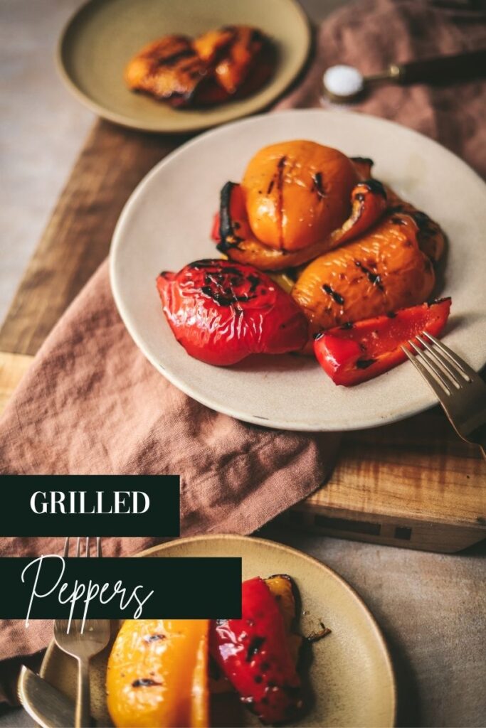 A plate of grilled peppers with title text