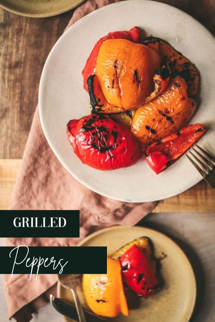 A plate of grilled peppers with title text