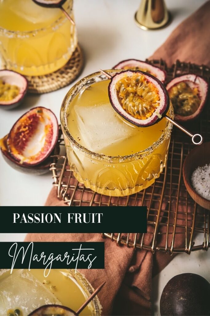 Three passion fruit margaritas on a table with title text