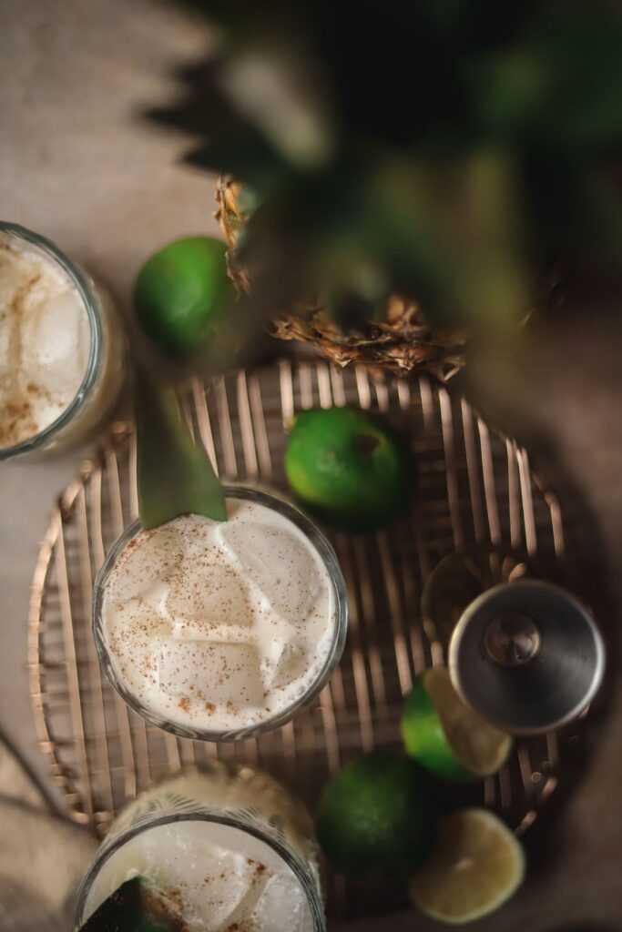 An overhead shot of a pina colada on the rocks. 