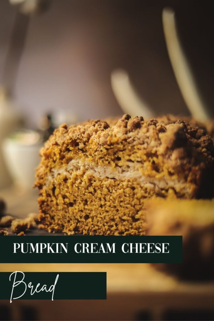 Sliced pumpkin cream cheese bread with title text.