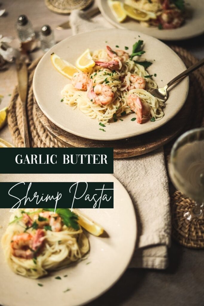 Garlic butter shrimp pasta (shrimp scampi) with title text.