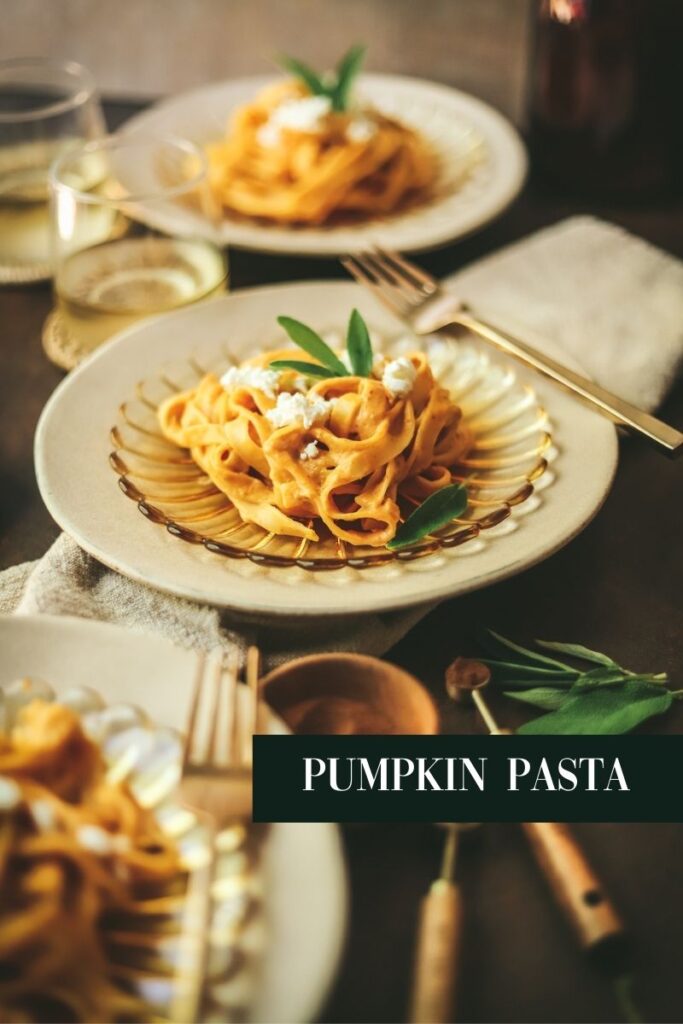 side view of pumpkin pasta with title text.
