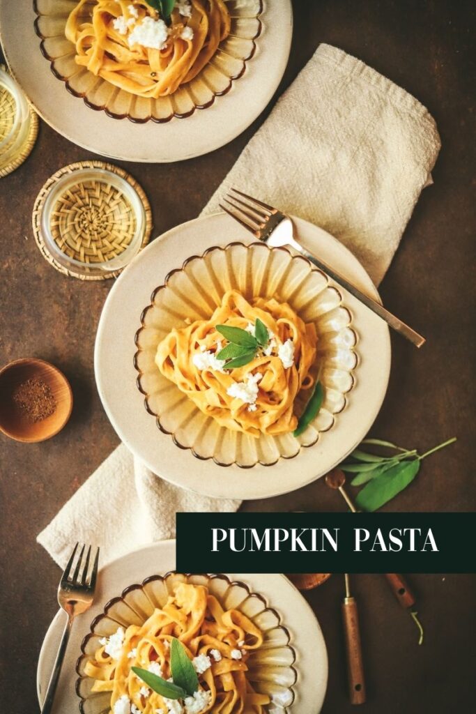 Three plates of pumpkin pasta with title text.