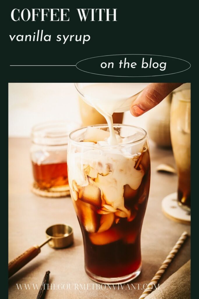 Iced coffee with cream and title text on green background.