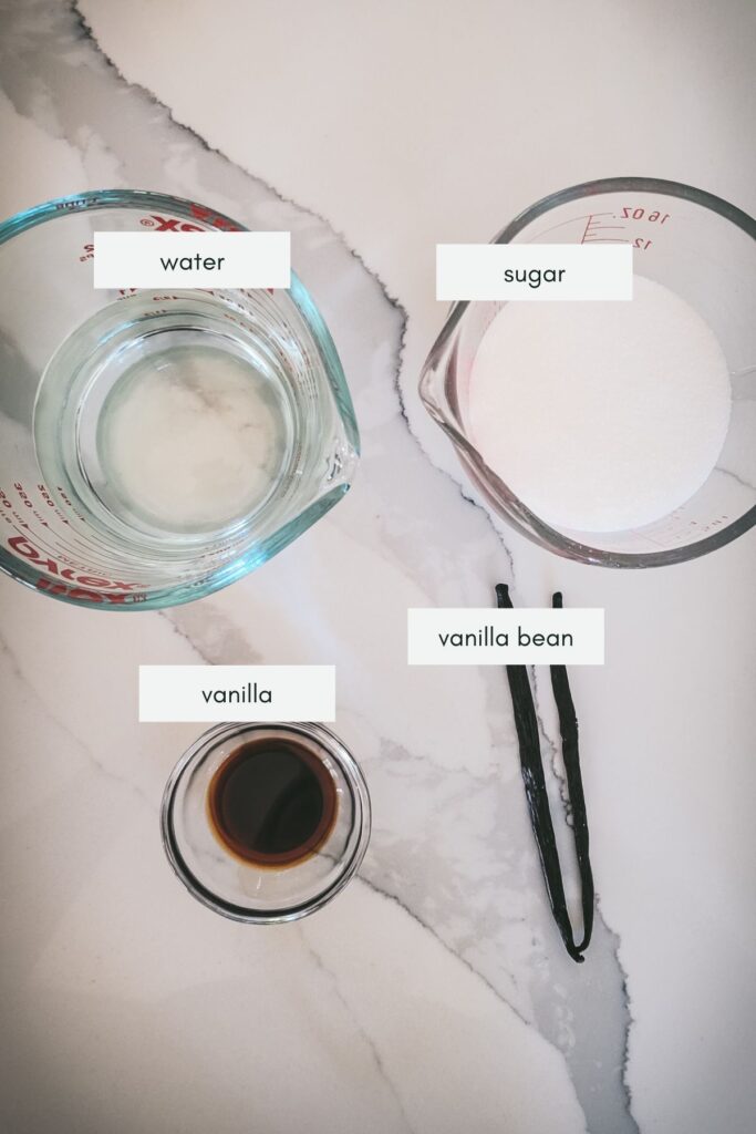 Labelled ingredients for vanilla syrup: water, sugar, vanilla, vanilla bean. 