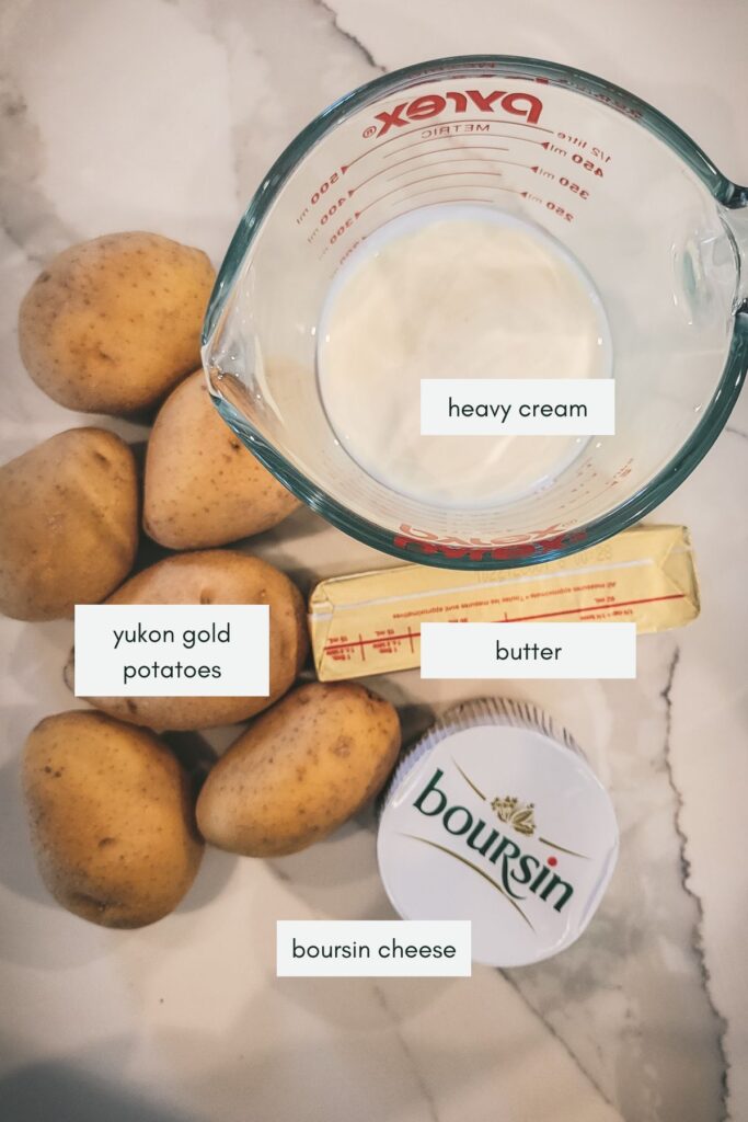 Ingredients for boursin mashed potatoes with labels. 