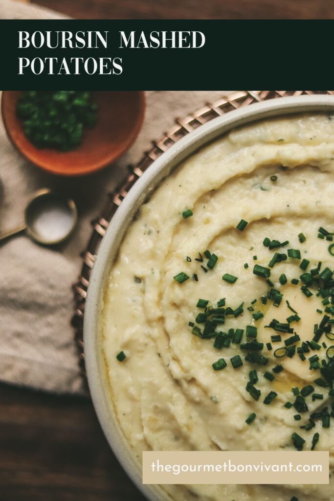 Pin image of Boursin mashed potatoes with title text on green background.