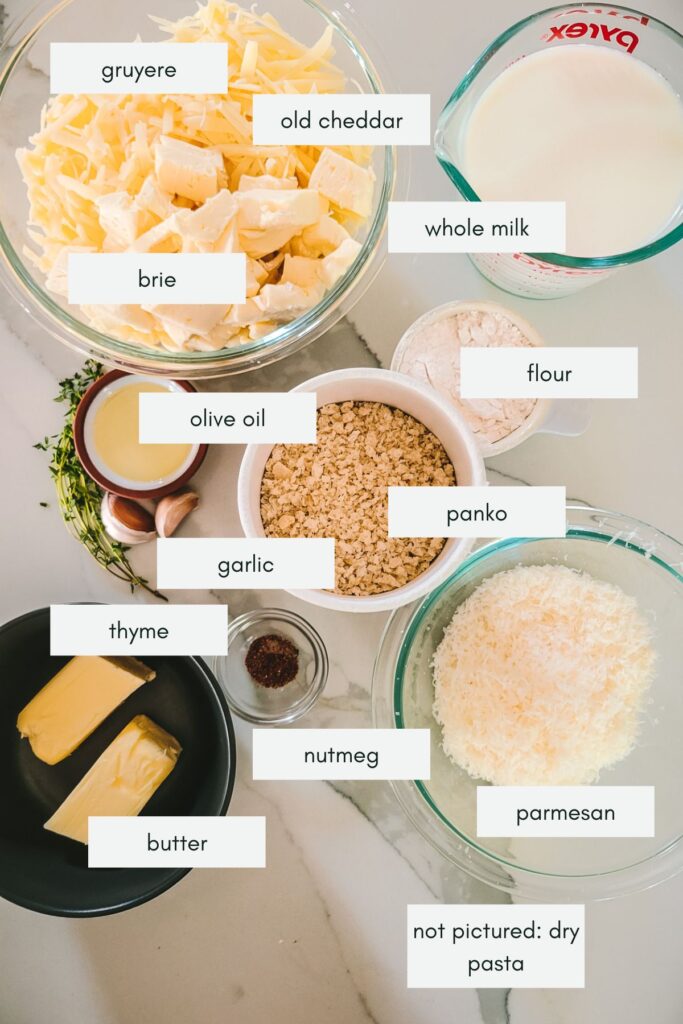 Ingredients for brie mac and cheese with labels. 