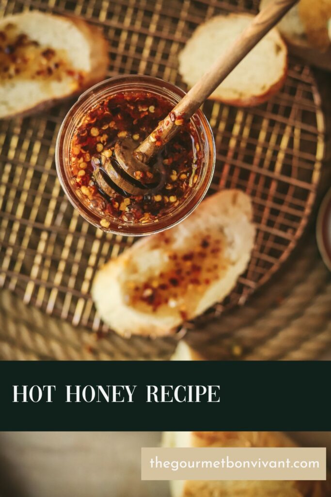 Jar of hot honey with a honey drizzler and title text.